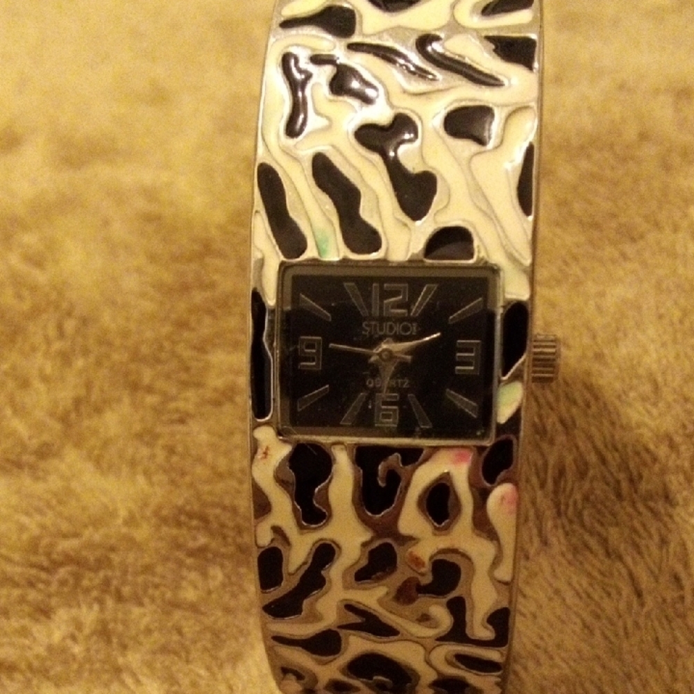 Studio Time Womens Animal Print Enamel Cuff Watch Black Cream Square Dial